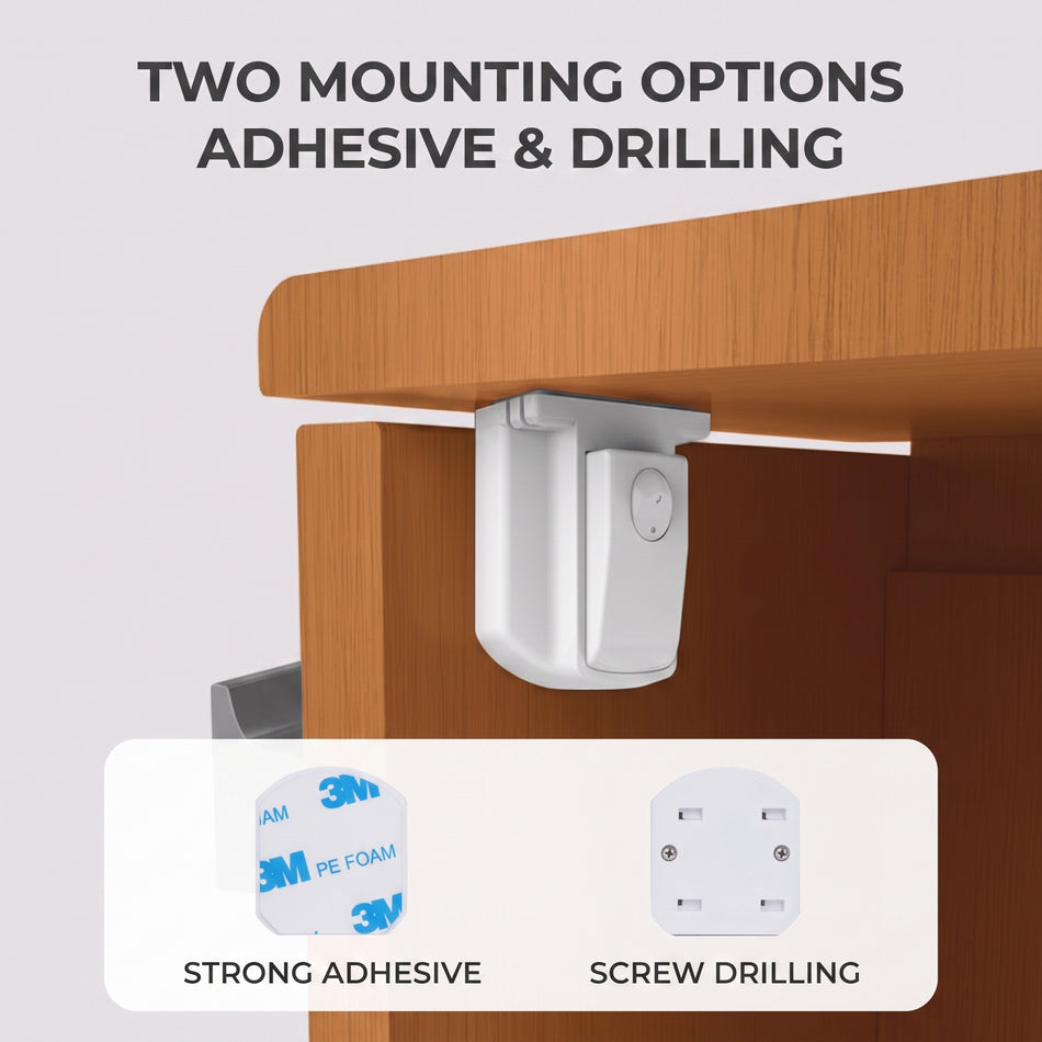 Magnetic Cabinet Locks with Universal Key – No-Drill Hidden RV Drawer Latches (4 Pack+ 1 Key, White)