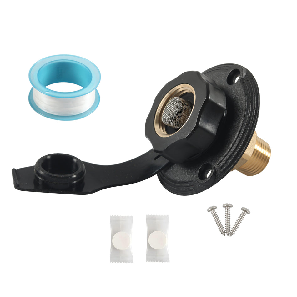 Grundig Brass RV City Water Fill Inlet with 3" Flange & Check Valve - 3/4" Female / 1/2" Male Threaded, Fits Motorhome, Travel Trailer & Camper