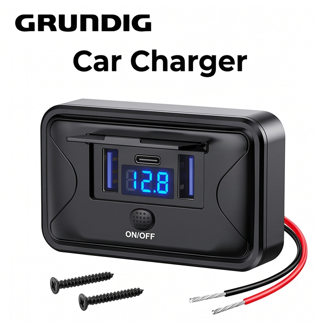 Grundig 72W 3-Port Fast Car Charger with QC3.0 + PD3.0 & LED Voltage Displayfor , all 12V and 24V vehicles