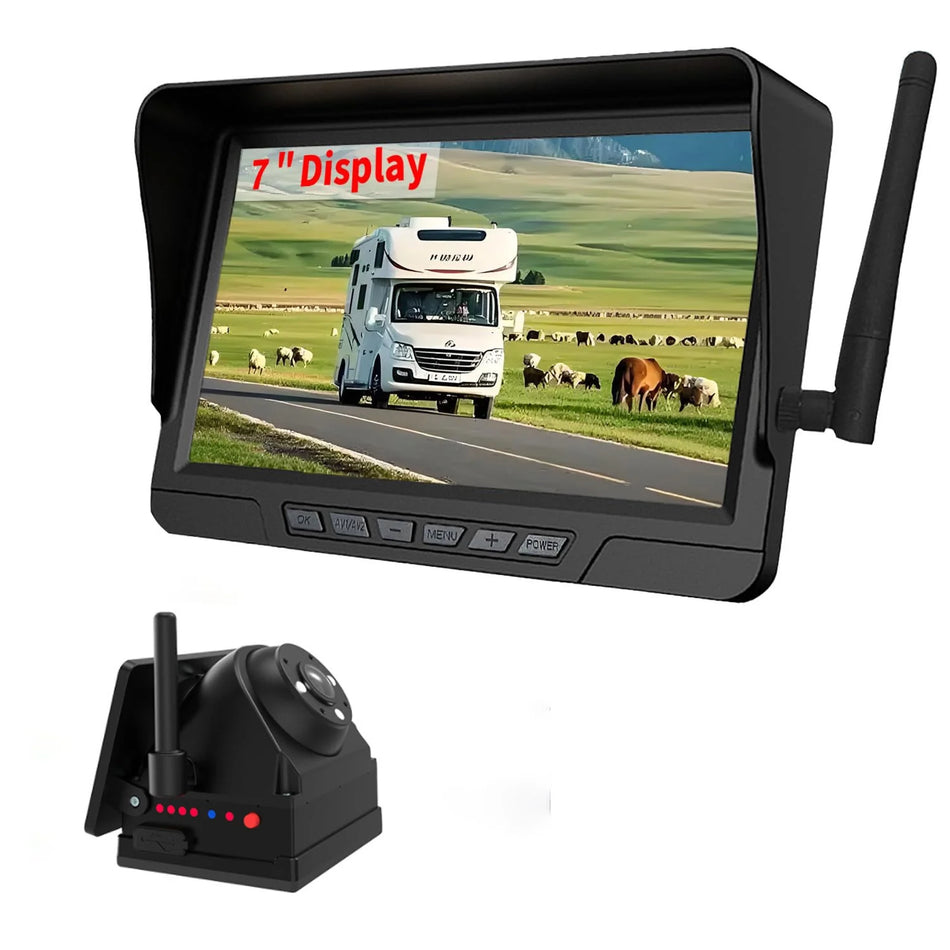Grundig 7 Inch 4-Channel Solar Wireless Backup Camera, Magnetic HD Starlight Night Vision Rear View Camera for RV Truck Trailer