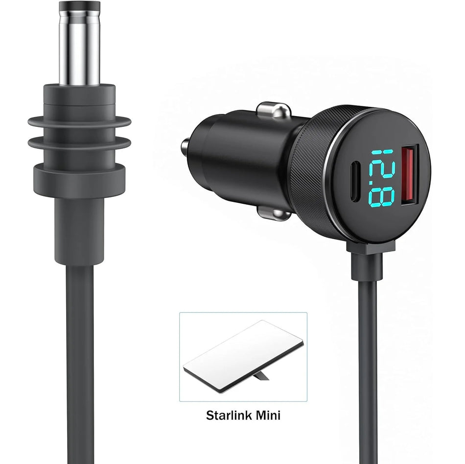 Grundig Starlink Mini Kabel, 3 in 1 Starlink Mini Auto Ladegerät DC Stromkabel + Zigarettenanzünder Adapter 12V-24V mit Digitalanzeige, Hochgeschwindigkeitsladen USB-C PD 40W und USB-A 35W Anschlüsse für LKW und Autos