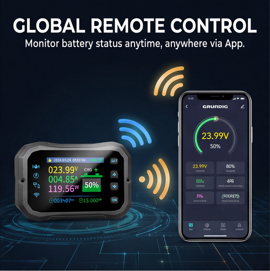 GRUNDIG WiFi Battery Coulomb Meter - Up to 60KW / 600A Wireless Remote Battery Capacity Monitor with App, 2.4" Color Display, Bidirectional Current Detection for Lead-Acid LiFePO4 Lithium Batteries