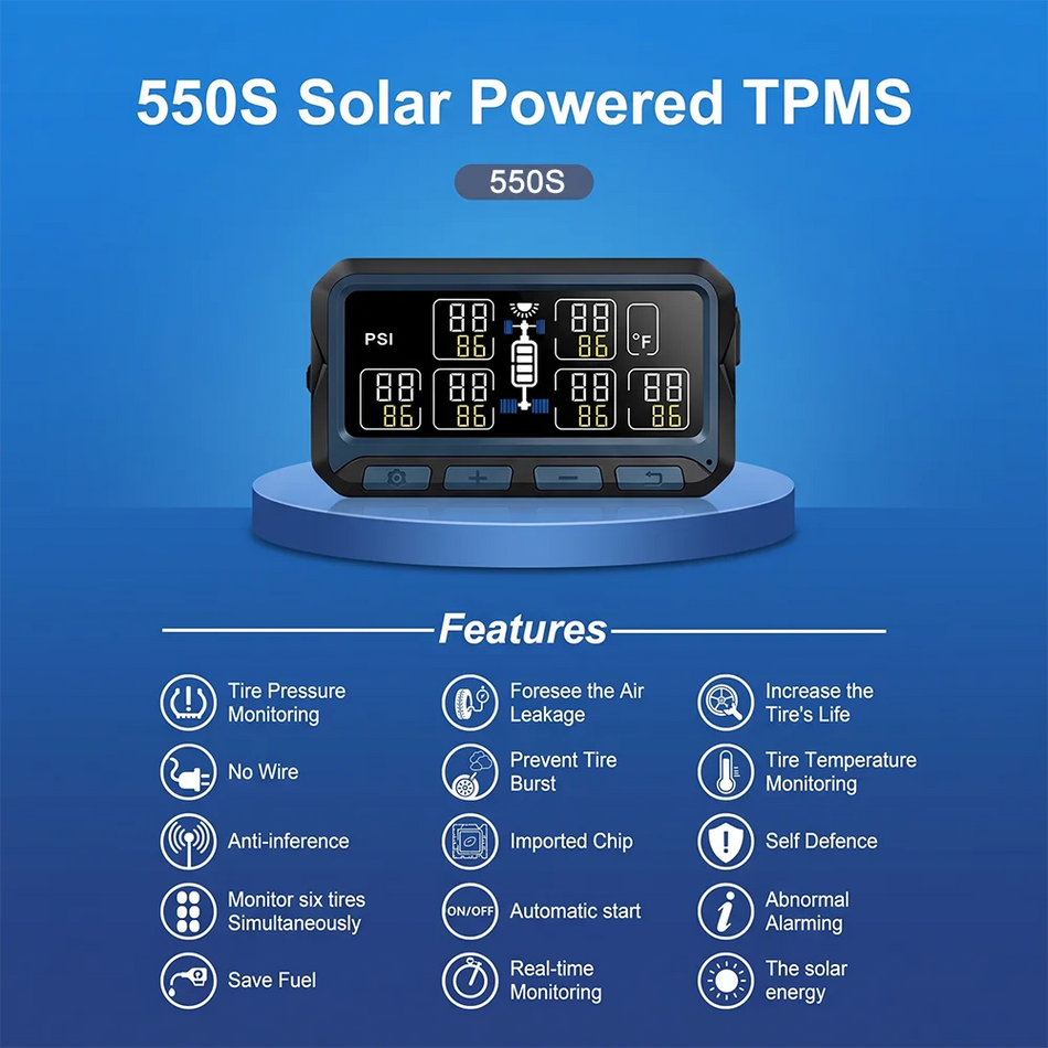 GRUNDIG 550S Solar Powered TPMS for RVs & Trucks, 6–36 Wheel Monitoring, 200 PSI, Real-Time Tire Pressure & Temp Alerts