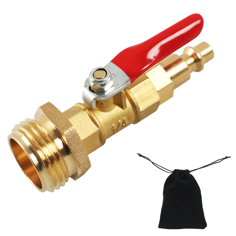 Grundig Brass Winterize Blowout Adapter with Ball Valve, 1/4" Quick‑Connect + 3/4" MHT Garden Hose Thread for RV Boat Garden Water System Draining