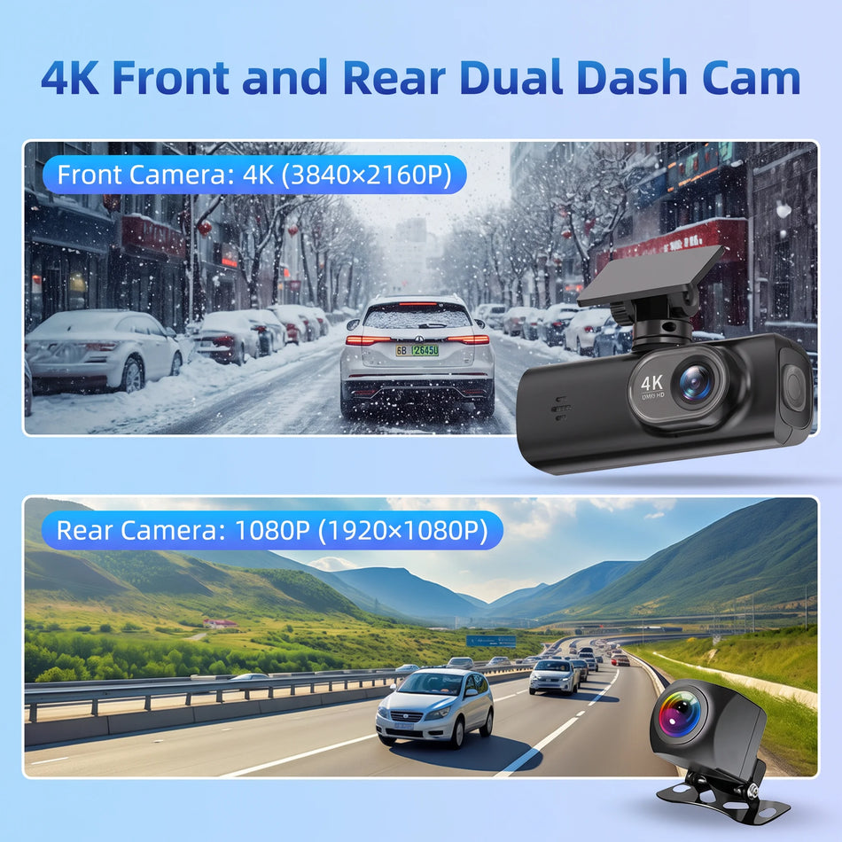 4K + 1080P Dual Dash Cam, Built-in WiFi, Super Night Vision, Loop Recording, 24H Parking Monitor
