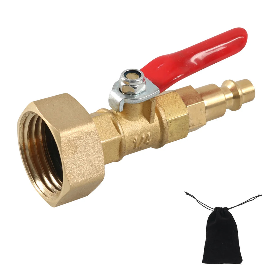 Grundig Brass Winterize Blowout Adapter with Ball Valve, 1/4" Quick-Connect + 3/4" FHT Garden Hose Thread for RV Boat Garden Water System Draining