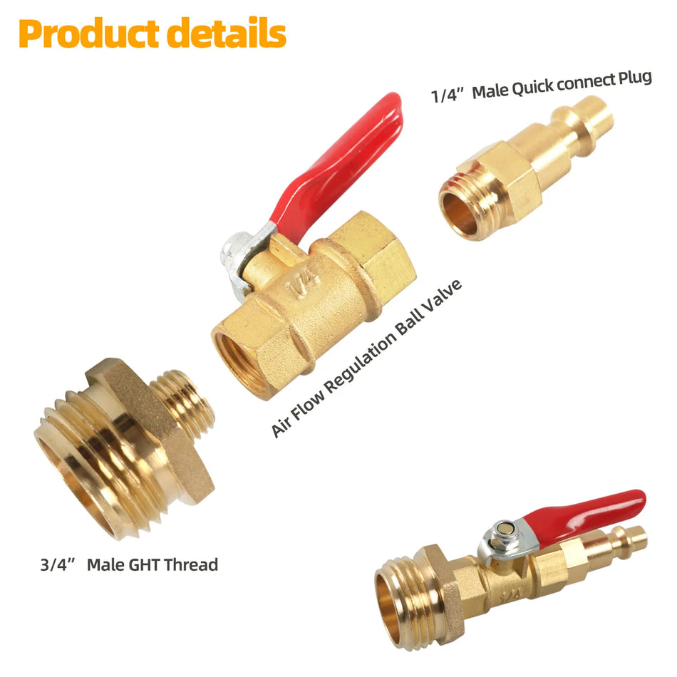 Grundig Brass Winterize Blowout Adapter with Ball Valve, 1/4" Quick‑Connect + 3/4" MHT Garden Hose Thread for RV Boat Garden Water System Draining
