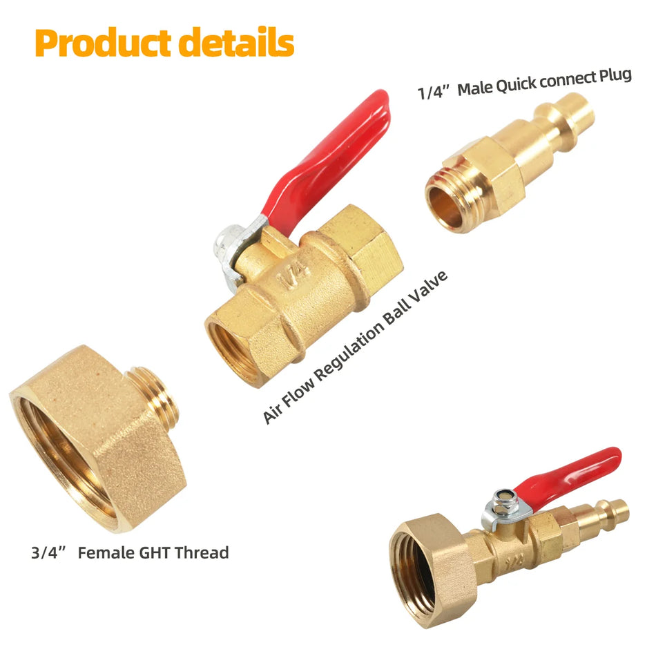 Grundig Brass Winterize Blowout Adapter with Ball Valve, 1/4" Quick-Connect + 3/4" FHT Garden Hose Thread for RV Boat Garden Water System Draining