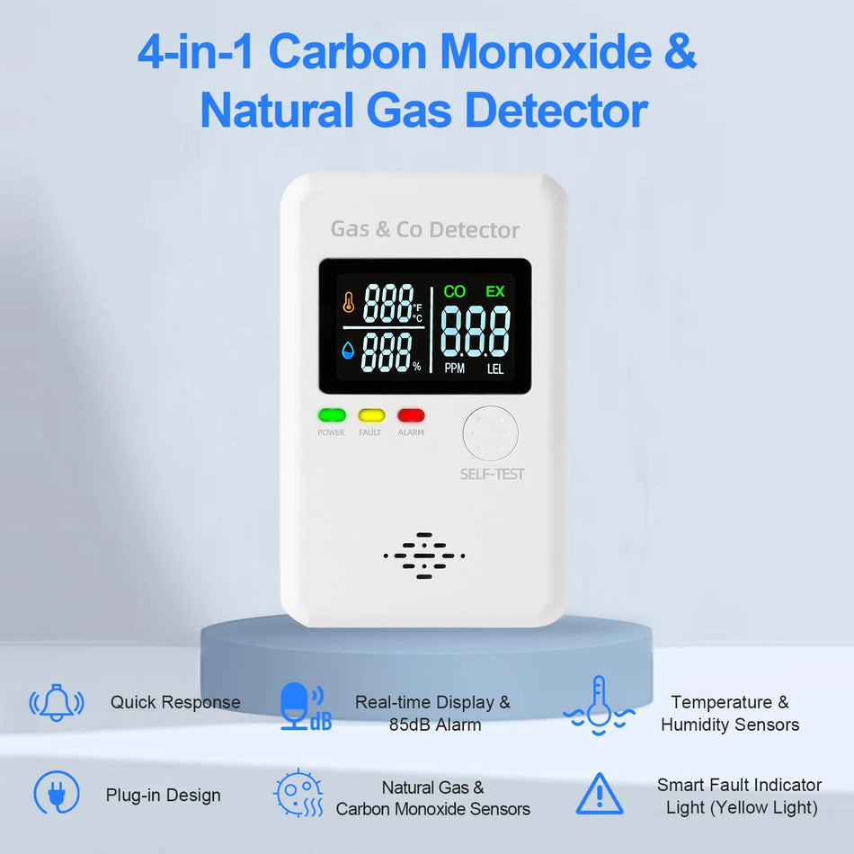 GRUNDIG 4-in-1 Plug-in CO & Propane Detector — Real-Time LCD Display with Temperature & Humidity, ≥85dB Alarm