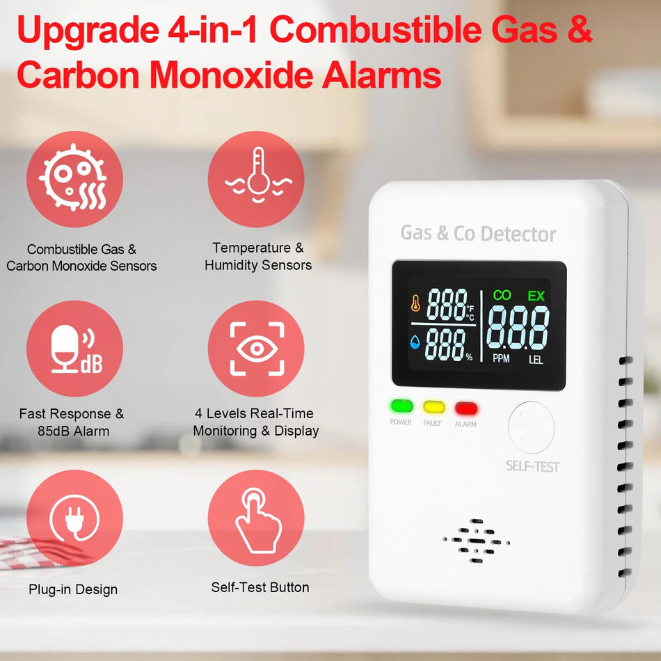 GRUNDIG 4-in-1 Plug-in CO & Propane Detector — Real-Time LCD Display with Temperature & Humidity, ≥85dB Alarm