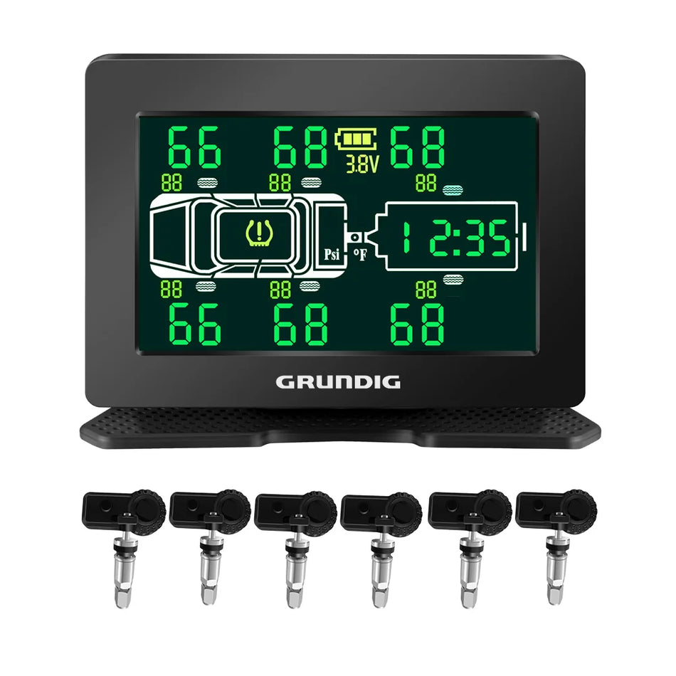 GRUNDIG RV01 TPMS internal sensor version, 4/6/8 Wheel-mode switchable, 116 PSI Range with 5.0" HD Panoramic Display, Real-Time Tire Temperature & Pressure Alerts for Motorhomes/Travel Trailers/RV/Caravan, 40m Long-Range Stable Signal
