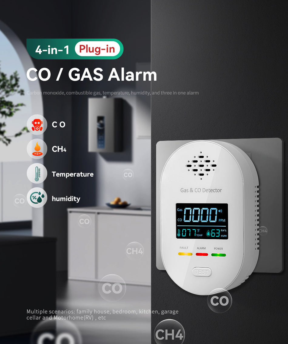 GRUNDIG 4-in-1 Plug-in CO & Combustible Gas Alarm, RV Carbon Monoxide Detector with Temperature & Humidity Monitor, LCD Display, Sound & Light Alert, One-Key Self-Test, for Motorhome, Camper, Travel Trailer, Home, Apartment, Hotel, Kitchen, Garage