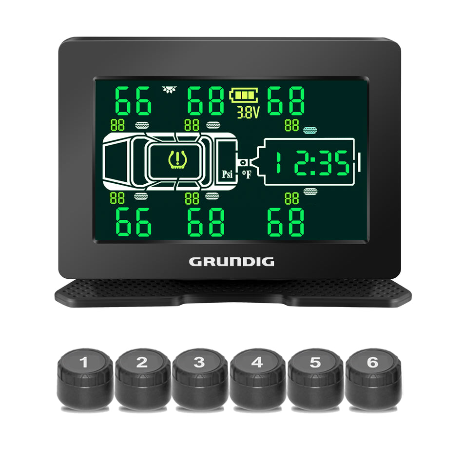GRUNDIG RV TPMS, 4/6/8 Wheel-mode switchable, 116 PSI Range with 5.0" HD Panoramic Display, Real-Time Tire Temperature & Pressure Alerts for Motorhomes/Travel Trailers/RV/Caravan, 40m Long-Range Stable Signal